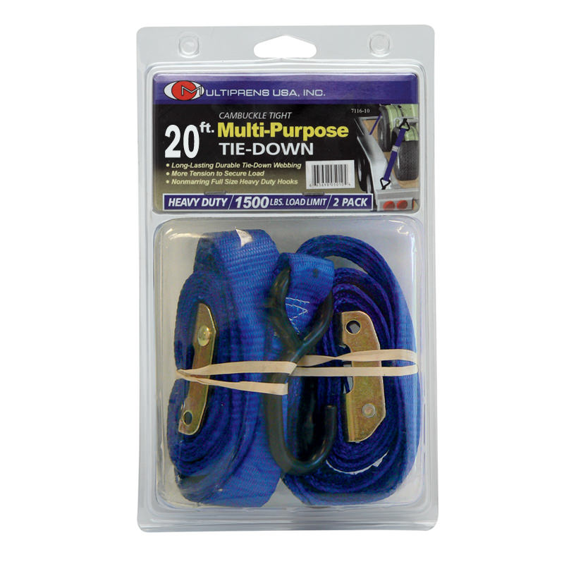 2 Pack Utility Cam Buckle Strap 1" x 20' with Vinyl Coated S Hooks