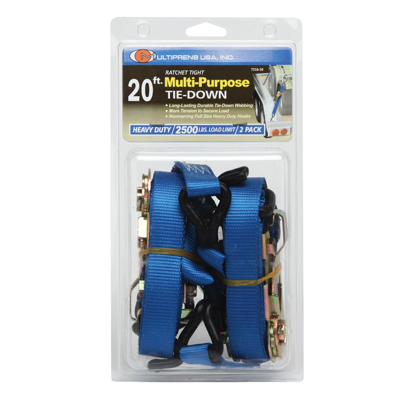 1" x 20' Utility Ratchet Strap with Vinyl D Rings and Vinyl Wire Hooks - 2 Pack
