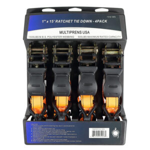 1" Utility Ratchet Strap 15' with Vinyl Wire Hooks & Vinyl D Rings - 4 Pack