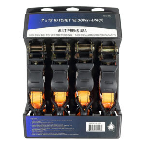 1" Utility Ratchet Strap 15' with Vinyl Coated S Hooks - 4 Pack